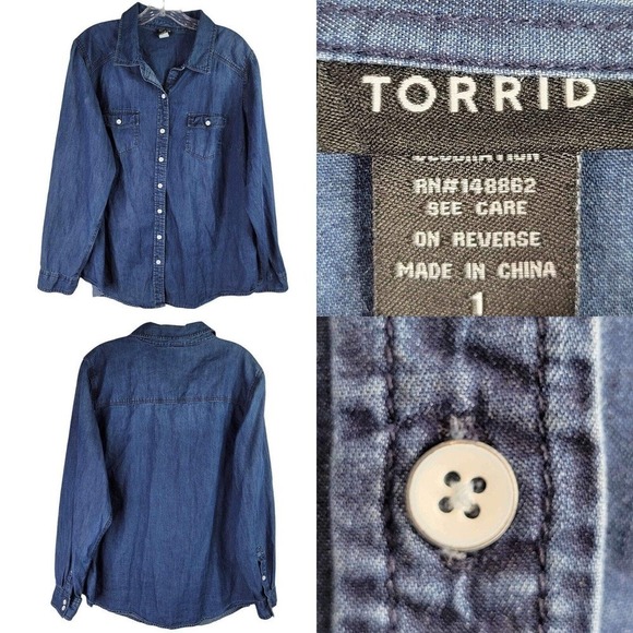 Torrid Shirt Women's Size 1X Medium Wash Denim Long Sleeve Button Up Blue - Picture 1 of 10